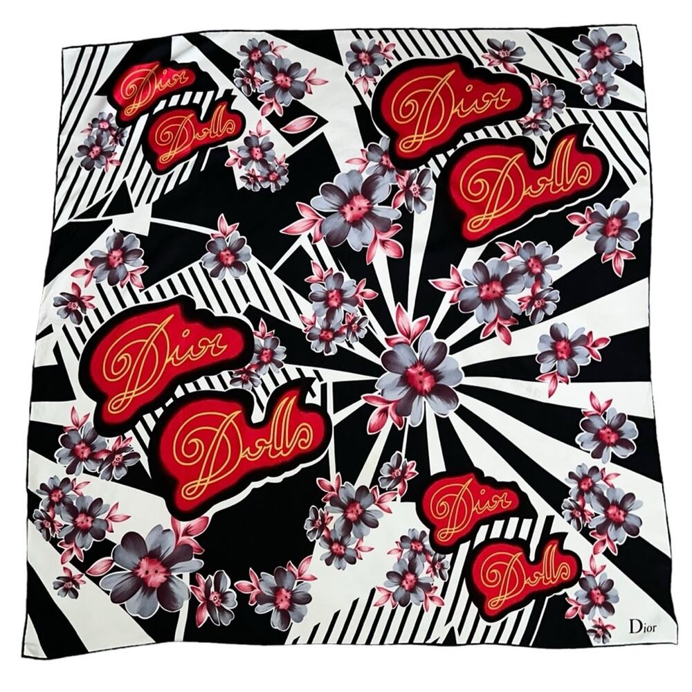 AUTH VTG Christian Dior Dolls Logo Floral Print Silk Large Square Scarf Top